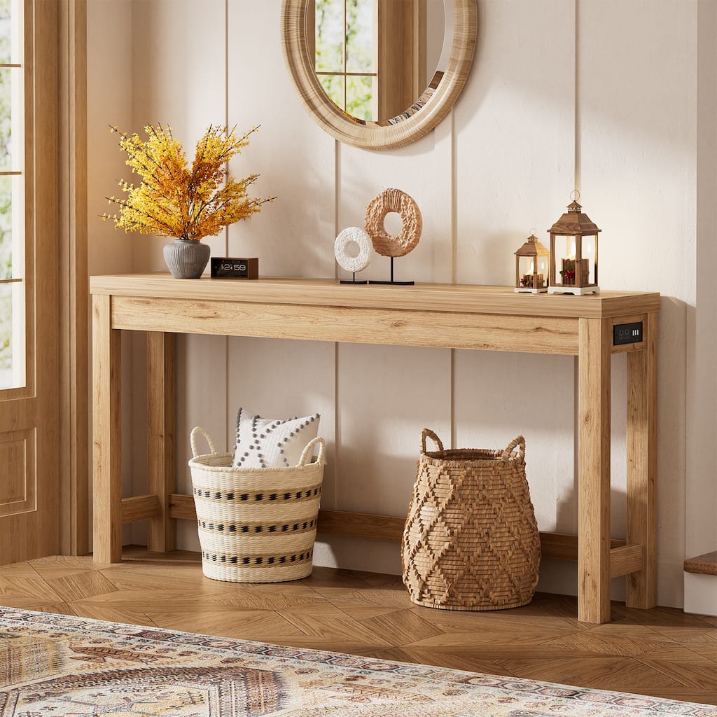 63-In Console Table with Charging Station, Farmhouse Entryway Table/ Behind Couch Table