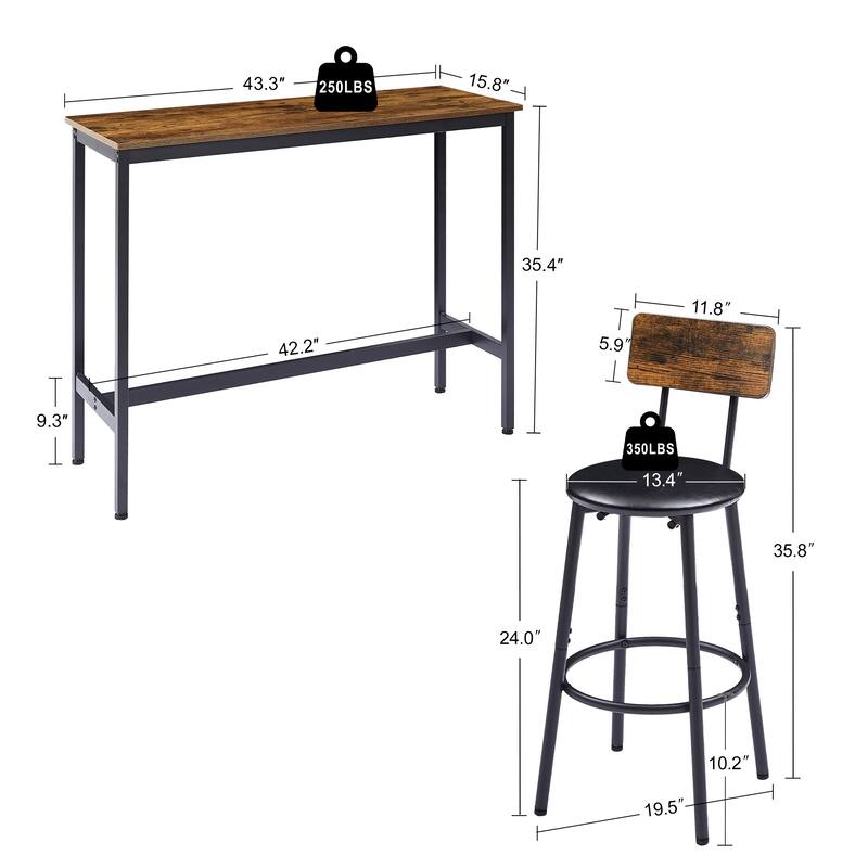 Brown 3-Piece Metal Frame Bar Dining Table Set with 2 Bar Stools