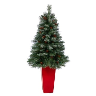55" Snowed Artificial Christmas Tree in Red Tower Planter