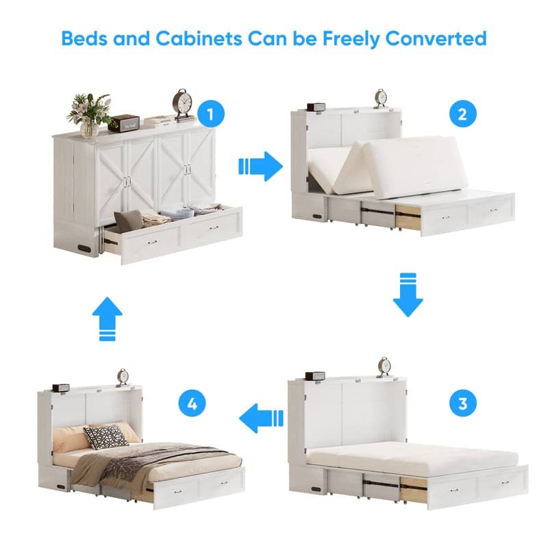 Mixoy Modern Queen Size Murphy Bed with 4.7''Mattress,USB ports,Storage Drawers