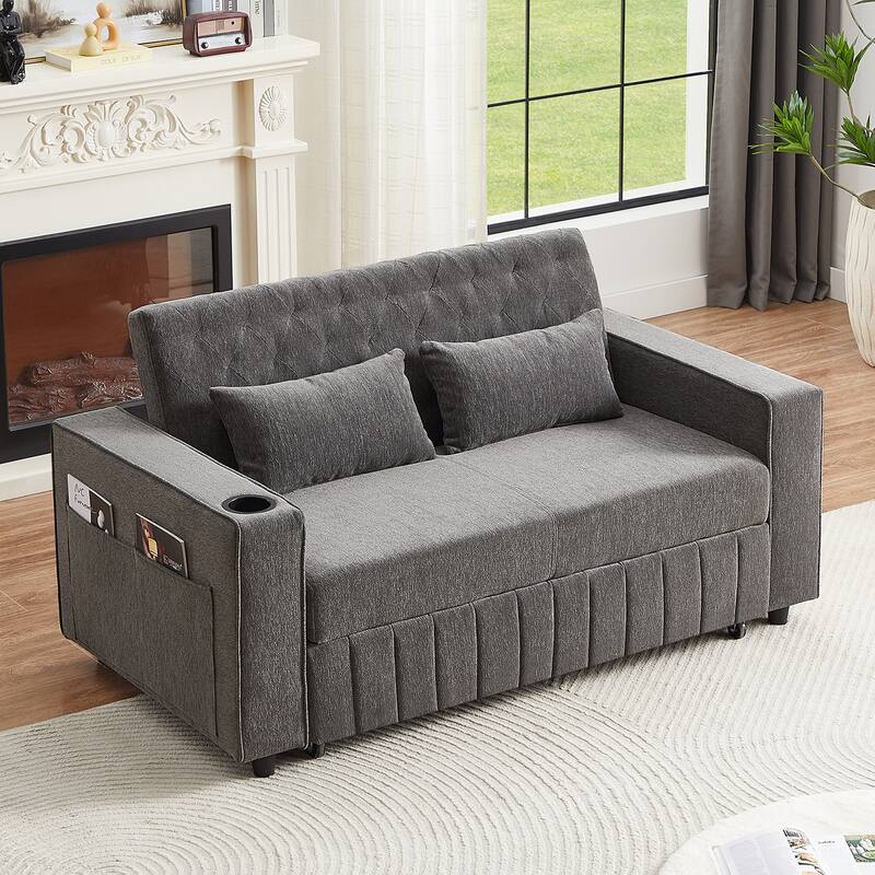 61.41" Chenille Convertible Sofa Bed with Adjustable Backrest, USB & Cup Holders