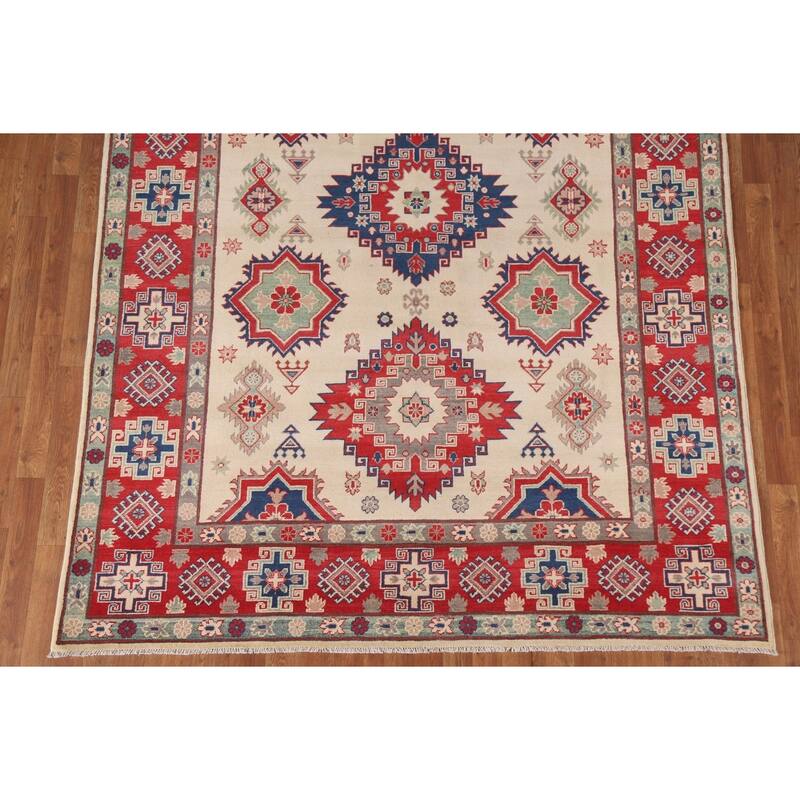 Hand Knotted Oriental 100% Wool Carpet Traditional Geometric Beige & Ivories Kazak Area Rug - 9' 9'' X 6' 8''