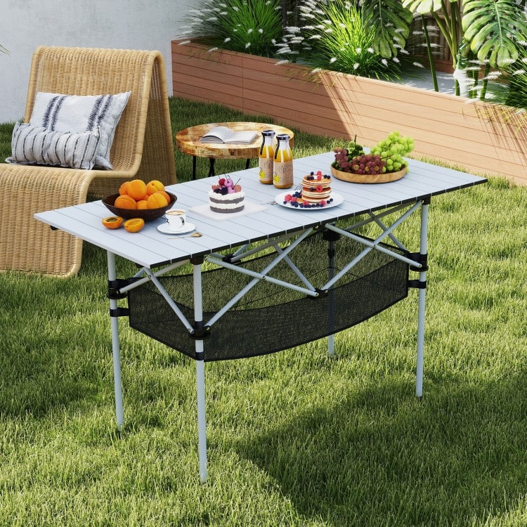 Aluminum Patio Folding Camping Table with Bag and Mesh Basket - 47" x 22" x 27" (L x W x H)