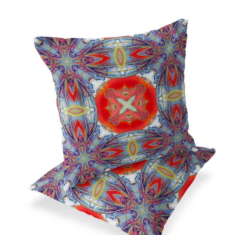 HomeRoots Set of Two 16" X 16" Blue and Orange Blown Seam Floral Indoor Outdoor Throw Pillow - 16.00' X '16.00' X '5.00
