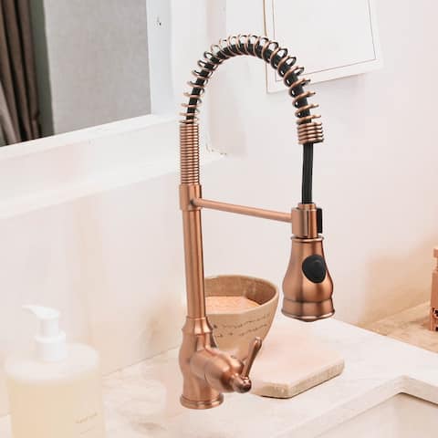 Copper Pre-Rinse Spring Kitchen Faucet, Single Level Handle and Pull Down Sprayer