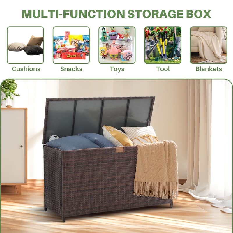 160 Gallon Outdoor Wicker Storage Box Resin Black Rattan Deck Bin for Patio Gardening Tools - 51.2*20*29Inch