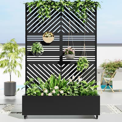 Metal Movable Planter Box with Trellis Privacy Screen Planter Box with Lockable Wheels