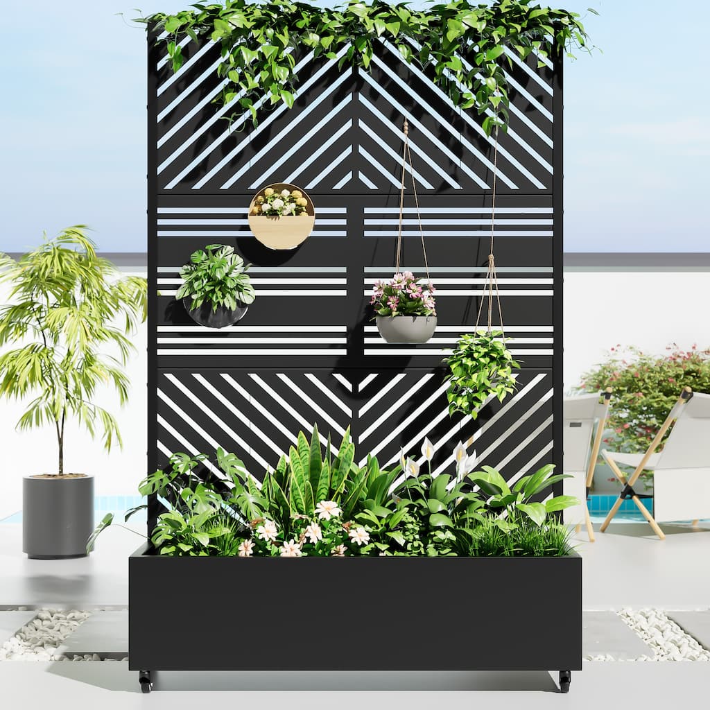 Metal Movable Planter Box with Trellis Privacy Screen Planter Box with Lockable Wheels