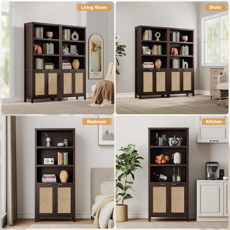 SICOTAS 5 Tier Adjustable Bookcase with Rattan Storage Cabinet