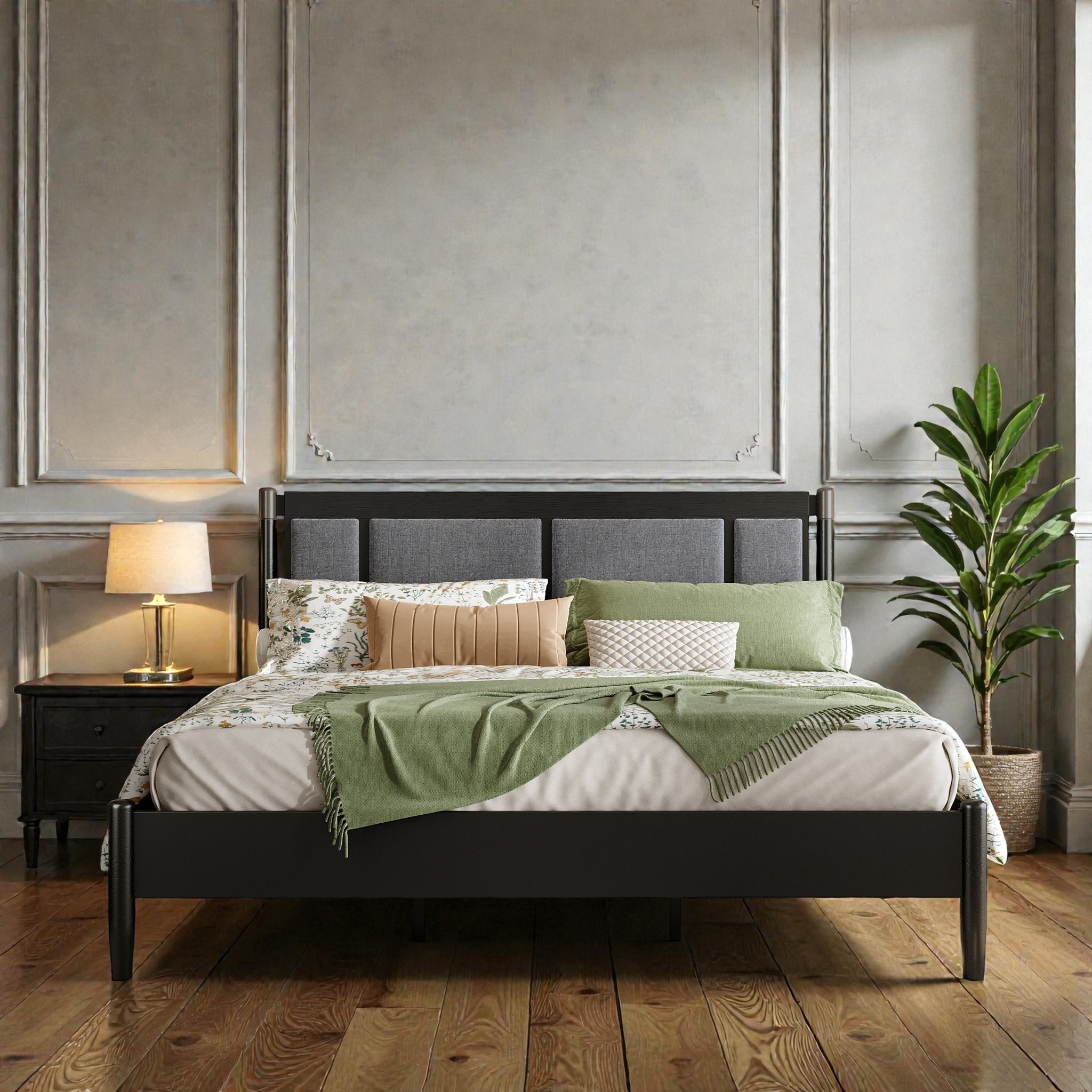 Solid Wood Platform Bed with Upholstered Headboard and Metal Handles, Heavy Duty 500 lbs Support, No Box Spring