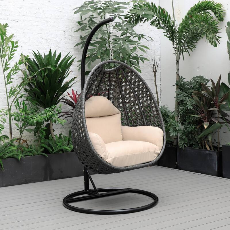 LeisureMod Charcoal Single Seater Rattan Wicker Egg Swing Hanging Chair for Indoor Outdoor Patio Porch Backyard Garden