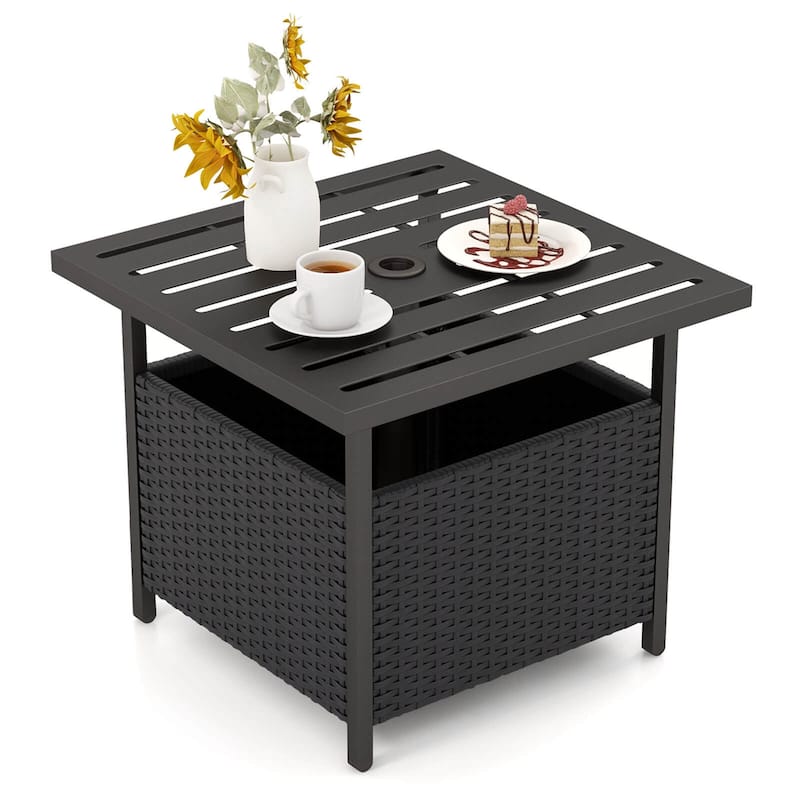 Rattan Wicker Side Table Outdoor Furniture Deck Umbrella Table Brown - Black