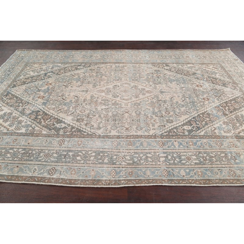 Distressed Geometric Hamedan Persian Area Rug Wool Handmade Carpet - 6'8" x 9'11"