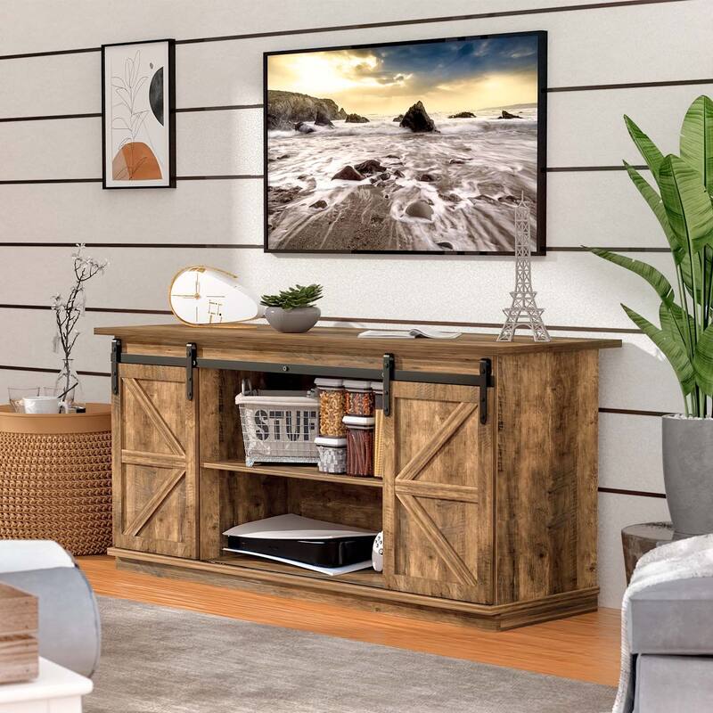 TV Stand 2 -shelf for TVs 43'' up to 65''. Simple living and Modern Mid-century, farmhouse barn door -easy to store something