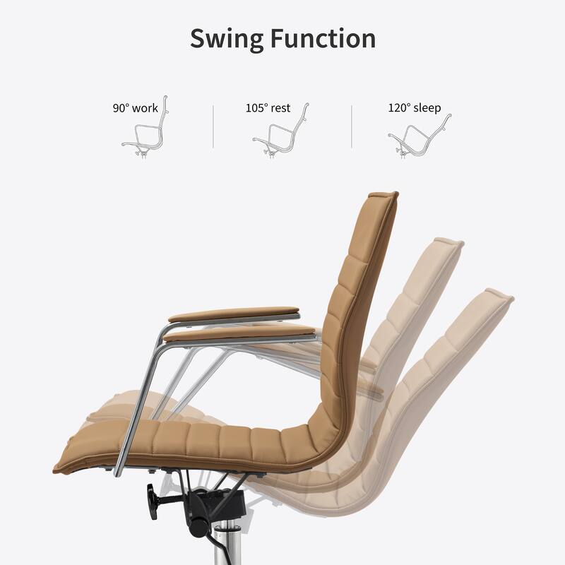 Modern Office Desk Chair | Upholstered PU Leather Ribbed Mid Back with Metal Frame | Adjustable Height, Tilt Lock