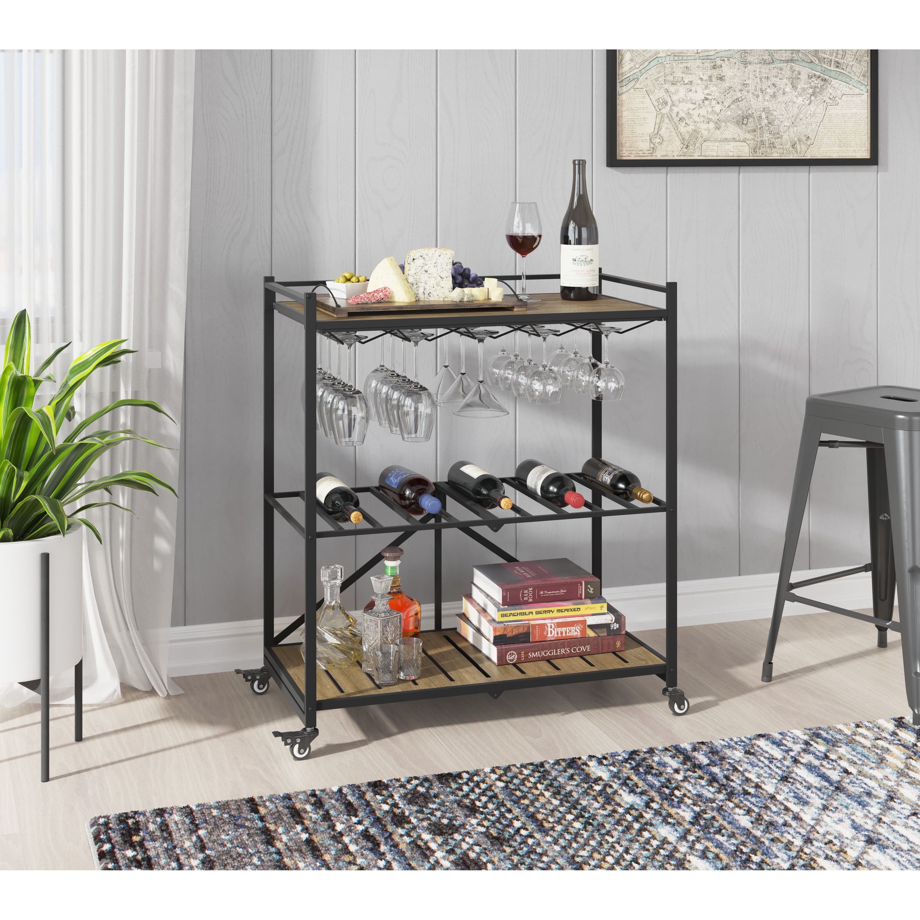 Home Point Somerset Folding Bar Cart with Wine Bottle and Glass