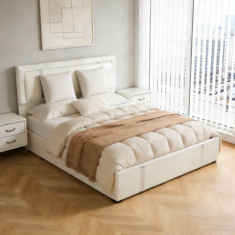 Queen Bed Frame with Adjustable LED Lights Headboard, USB-C Charging Ports, Upholstered Platform Bed, Metal Slats Support - White