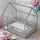 preview thumbnail 1 of 9, Full Size Floor House Bed with House Roof Frame and Fence Guardrails Grey