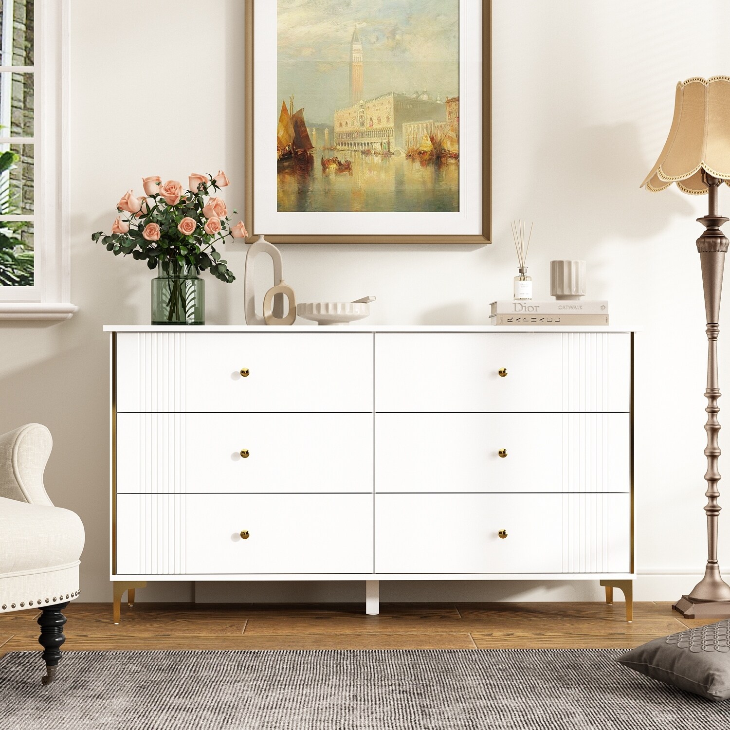 White Lacquer Dresser 6 Drawer Dresser with Metal Handle and Legs -  Overstock - 36792414