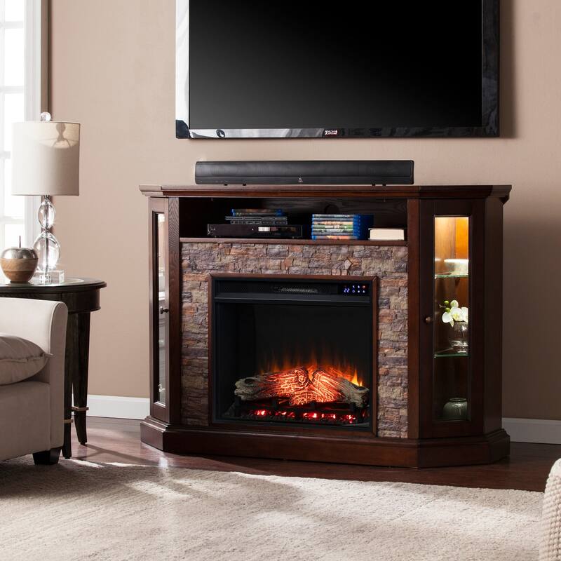52 in. Freestanding Wooden Smart Electric Fireplace TV Stand in Mahogany great for a cozy home décor upgrade,