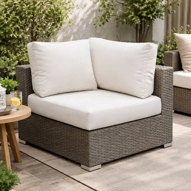 Faux Rattan Corner Chair with Seat & Back Cushions, Brown & White