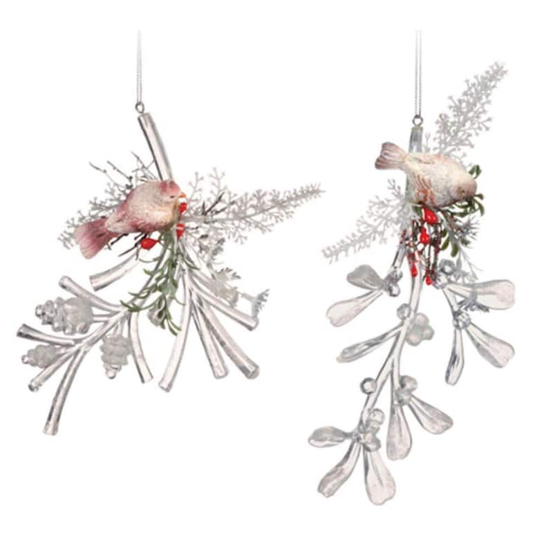 4 Icy Crystal Decorative Christmas Bird on Branch Ornaments 6"