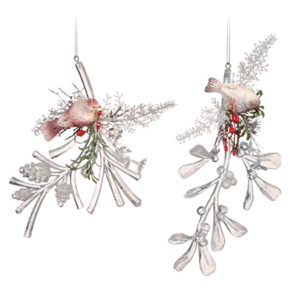 4 Icy Crystal Decorative Christmas Bird on Branch Ornaments 6"