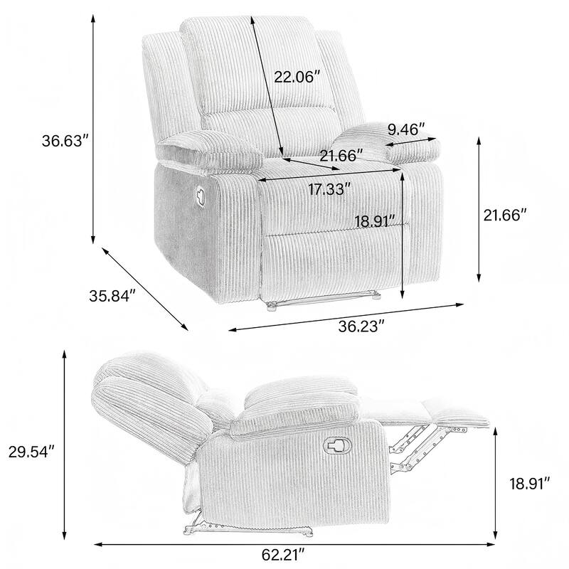 2 Piece Modern Corduroy Upholstery Push Back Manual Recliner Chair