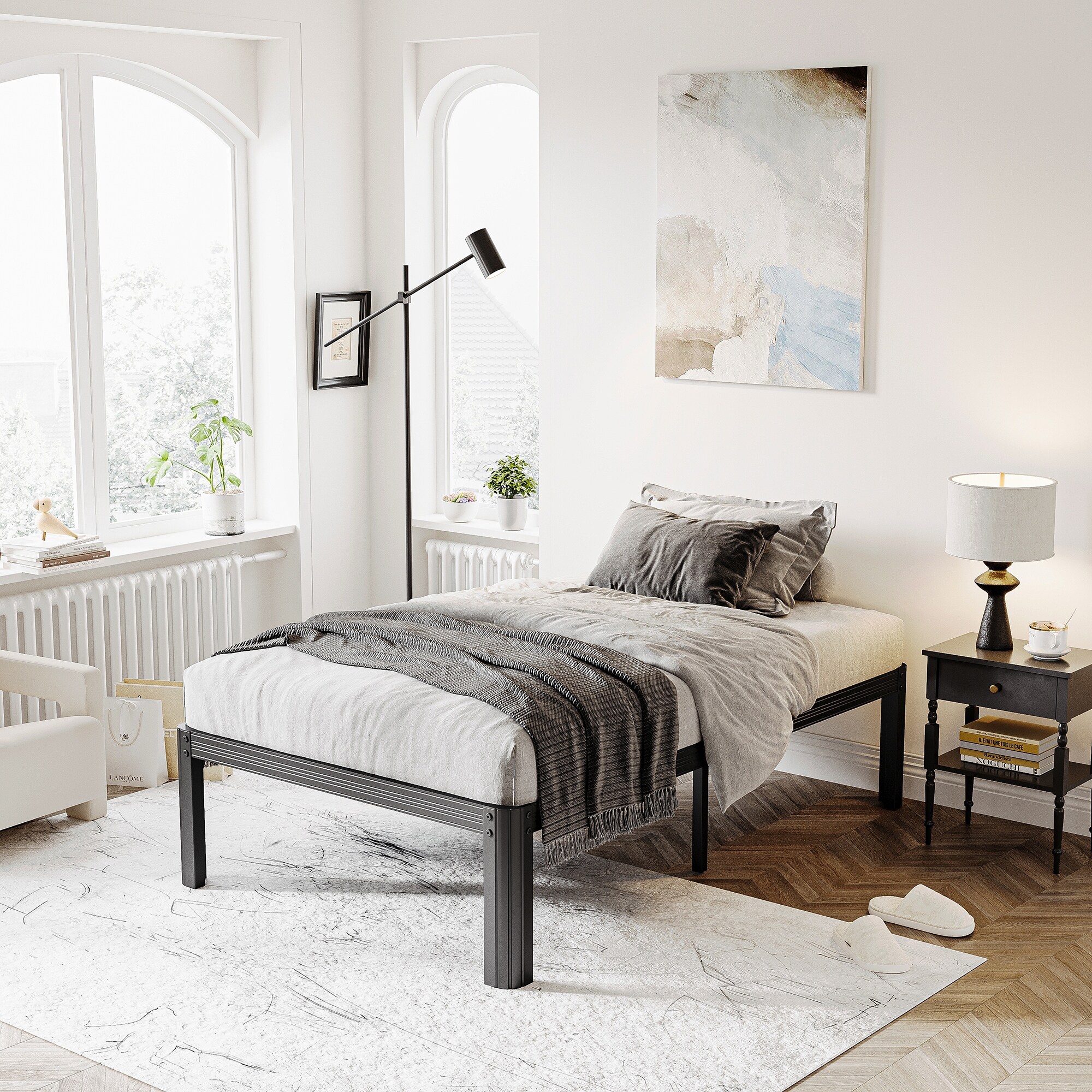 14-inch industrial-style black metal bed frame,Box Spring No