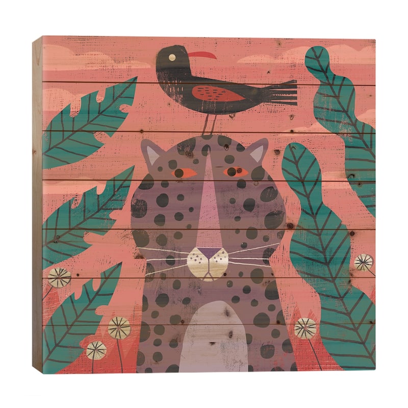 Leopard With Pesky Bird Print On Wood by Gareth Lucas - Multi-Color - 26x26x1.5
