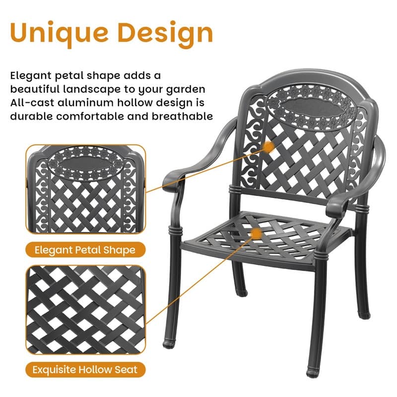 Black Stackable Cast Aluminum Patio Outdoor Dining Chairs With Seat Cushions