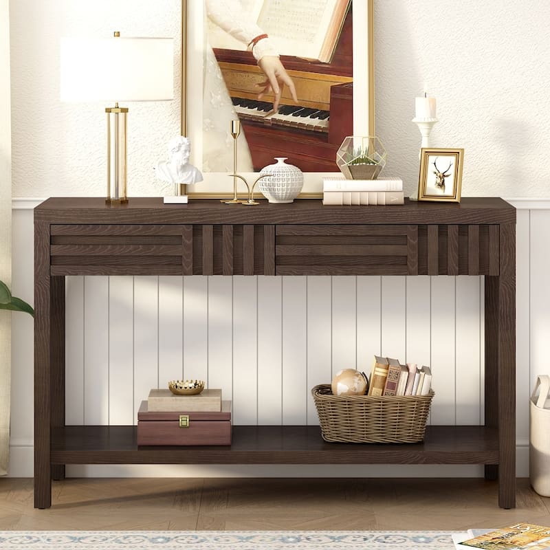 Living Room Striped Design Console Table With Bottom Shelf