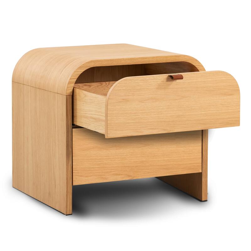 Poly & Bark Cirq Nightstand - Oak with Genuine Leather Pulls on Drawers