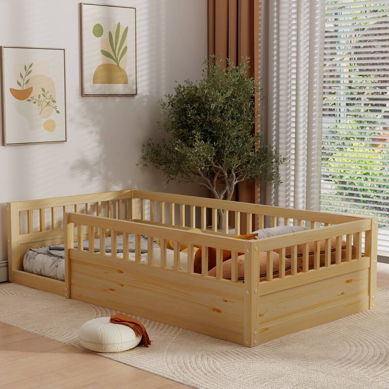 Pine Floor Bed Frame with Fence