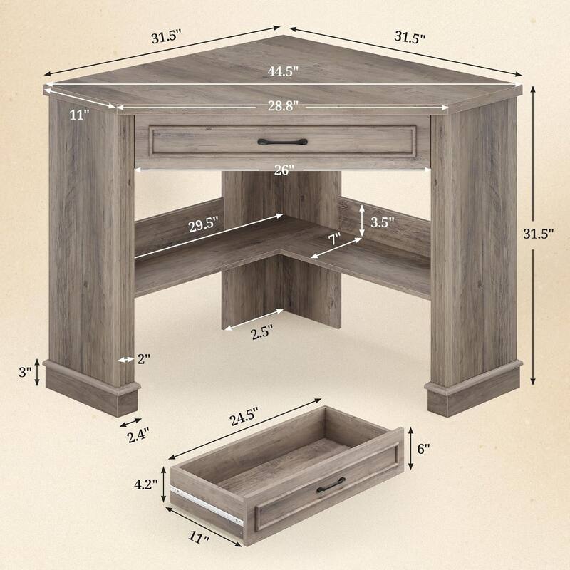 Small Corner Desk Triangle Computer Desk Drawer Storage Shelves