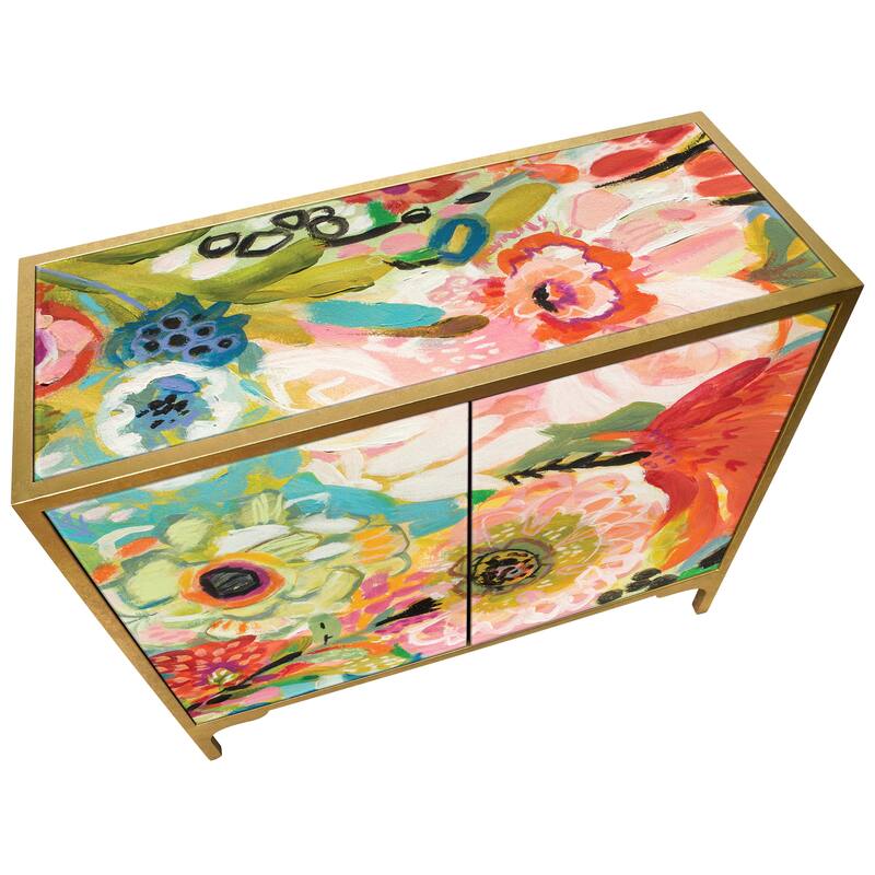 "Secret Garden Floral" Cabinet Console Table on Beveled Reverse Printed Art Glass with Iron Gold Leafed Frame