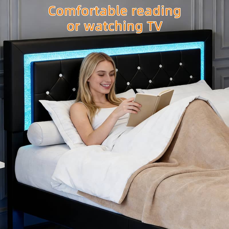 Floating Upholstered Bed Frame with LED Lights, Diamond Tufted Headboard, PU Leather Platform Bed, No Box Spring Needed