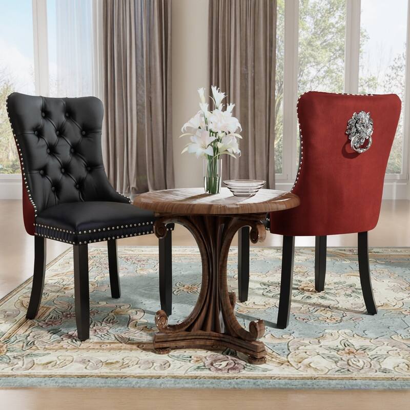 Solid Wood Velvet Upholstered Dining Chair Set of 2 - Black Red