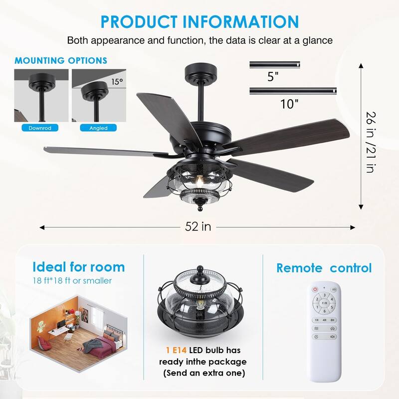 52 Inch Indoor and Outdoor Farmhouse Ceiling Fan with Light DC motor Wooden Blades Waterproof
