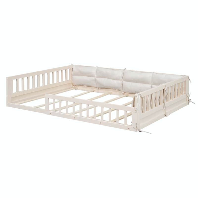 Wood Upholstered Platform Bed with Guardrail and Pillow