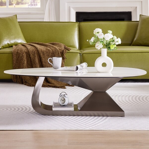 Modern Oval Sintered Stone Tabletop Coffee Table with Base - 51'2