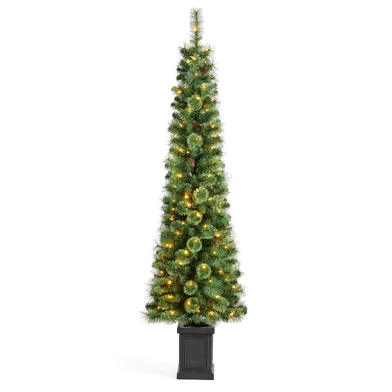 Glitzhome 5ft/6ft/7ft Pre-Lit Green Pine Christmas Potted Porch Tree with LED Lights and Remote Control