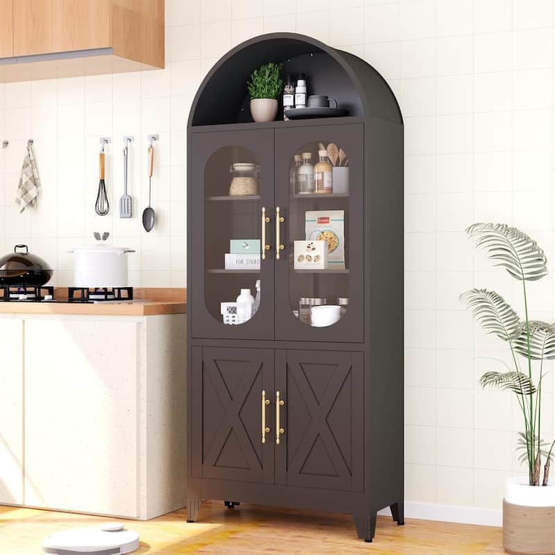 73" H Metal Tall Arched Kitchen Pantry Cabinet with Glass Door - Black