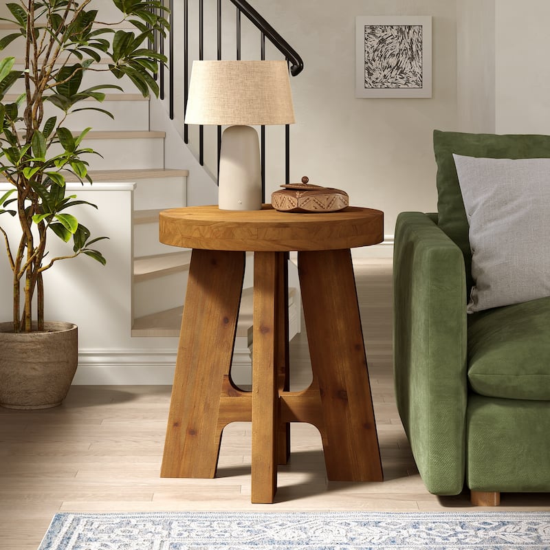 Farmhouse Solid Wood Round End Table Small Side Table for Couch