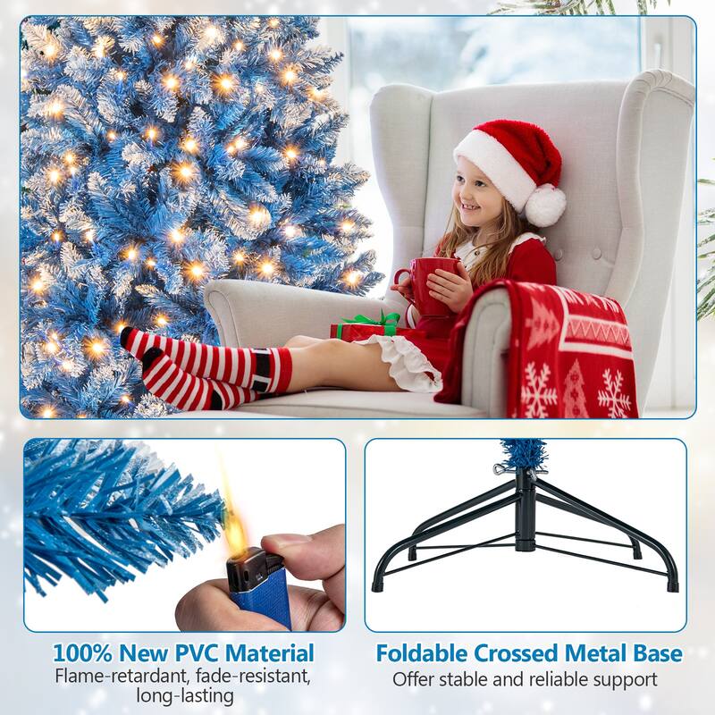 Gymax Pre-Lit Artificial Christmas Tree Blue Hinged Xmas Tree w/