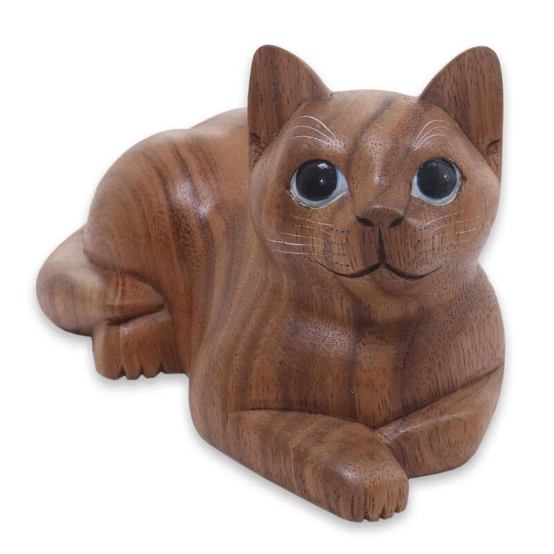 NOVICA Wood Sculpture, 'Short Haired Cat' (Indonesia) - 3.9" H x 7.25" W x 3.9" D