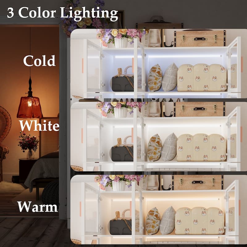 47.2" Wide Armoire LED Light All Glass Door Closet Cabinet Wardrobe
