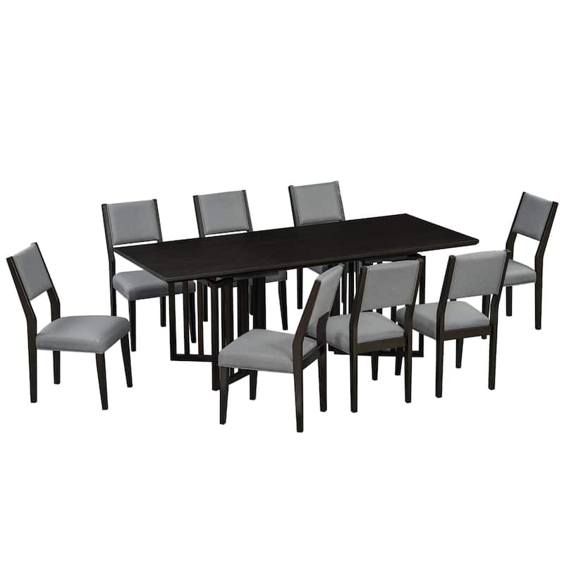 Farmhouse 9-Piece Dining Table with 2×12" Removable Leaves & 8 Dining Chairs