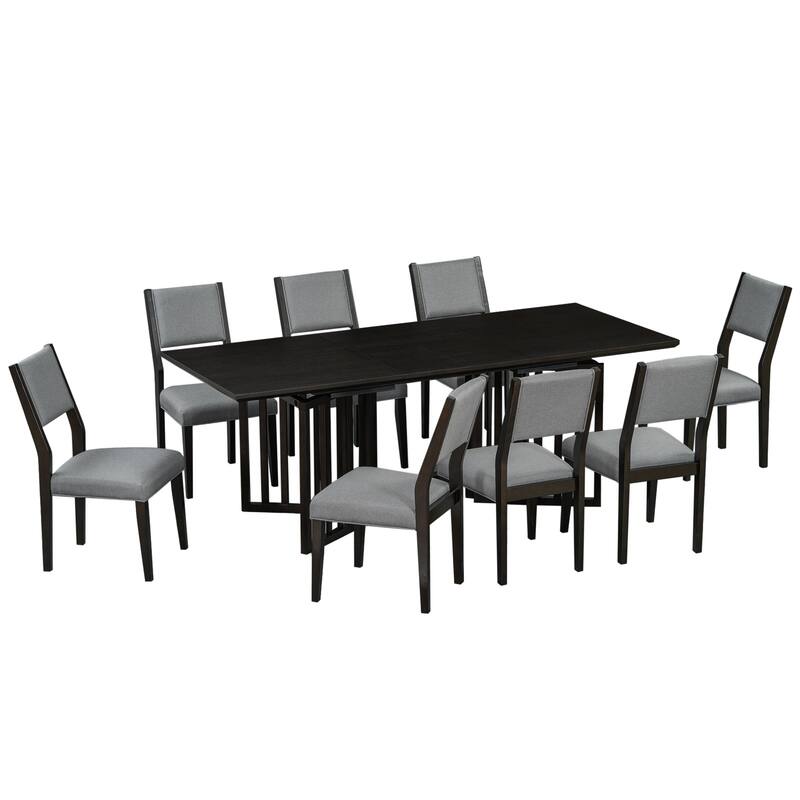 Solid Wood Farmhouse Dining Set: 83.9" Extendable Table with 2 Removable Leaves & 8 Comfortable Upholstered Chairs