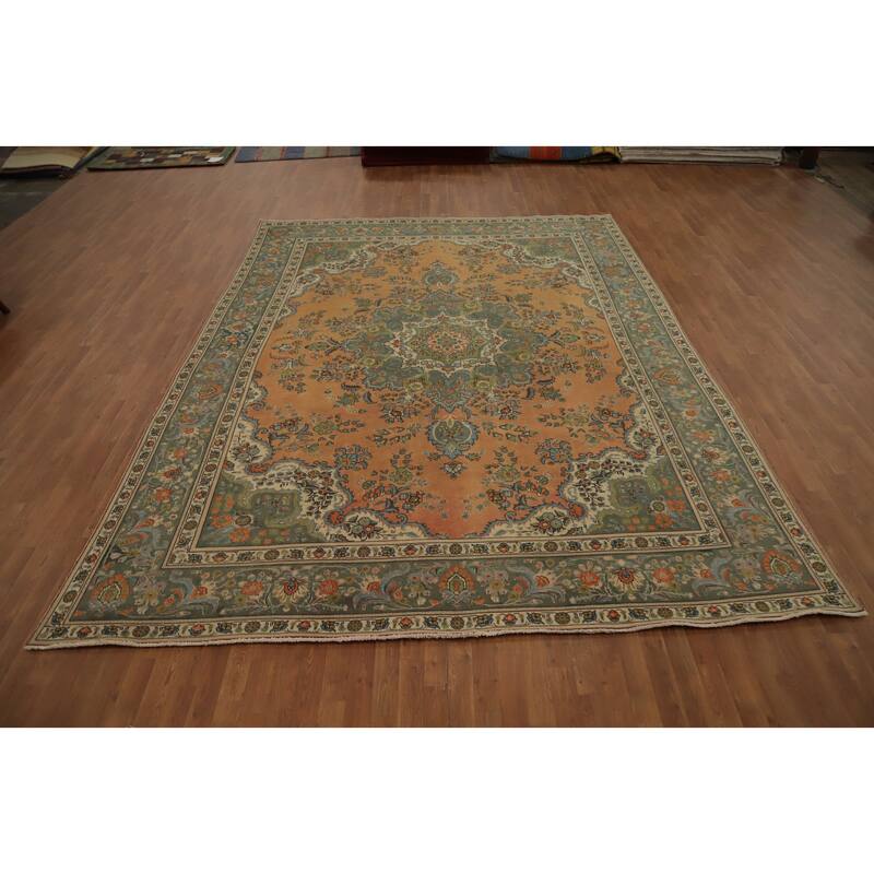 Hand Knotted Oriental 100% Wool Carpet Traditional Floral Oranges & Rust Tabriz Area Rug - 12' 7'' X 9' 6''